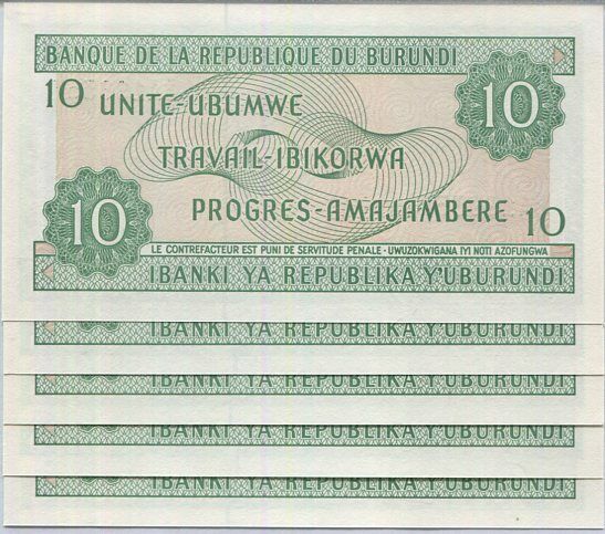 BURUNDI 10 FRANCS 1997 P 33 UNC Lot 5 PCS