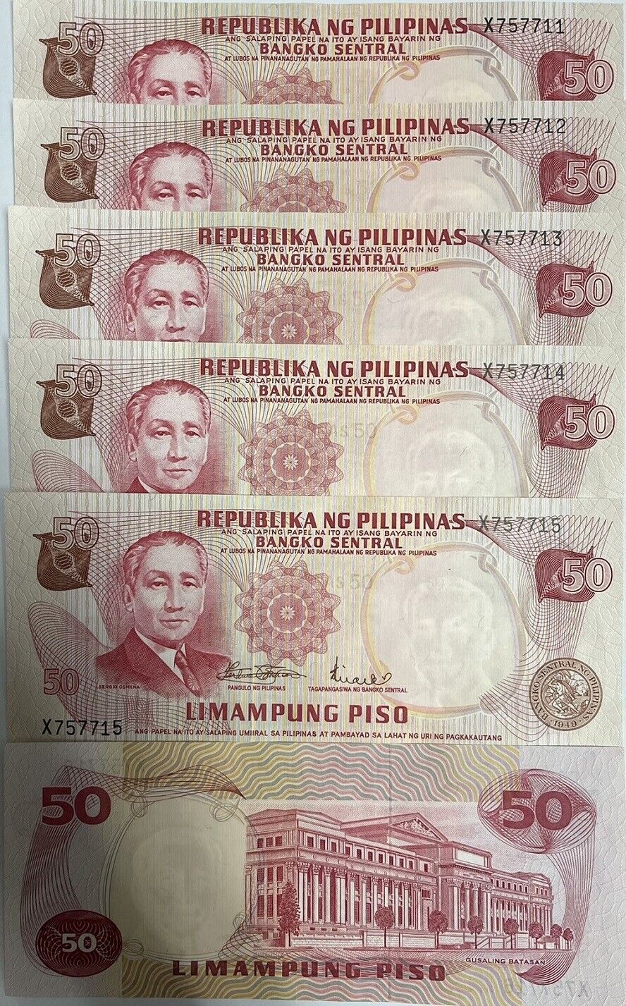 Philippines 50 Piso ND 1970 P 151 UNC LOT 5 PCS