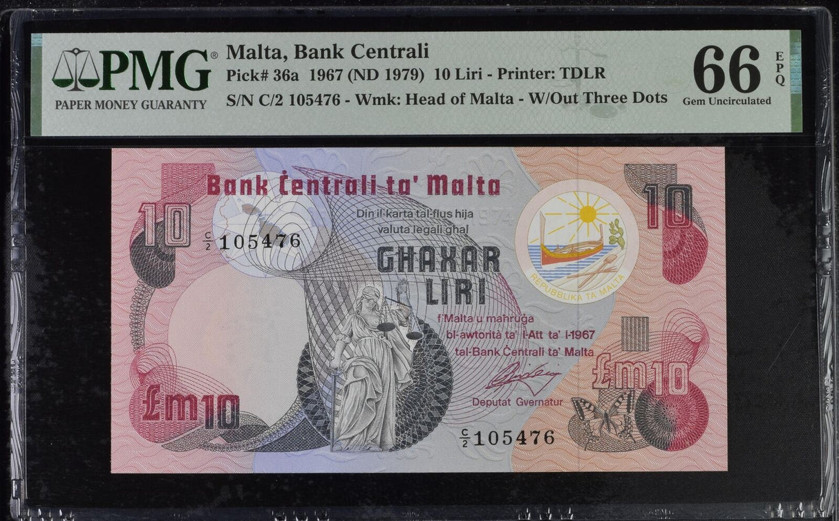 Malta 10 Lira 1967 ND 1979 P 36 a Gem UNC PMG 66 EPQ