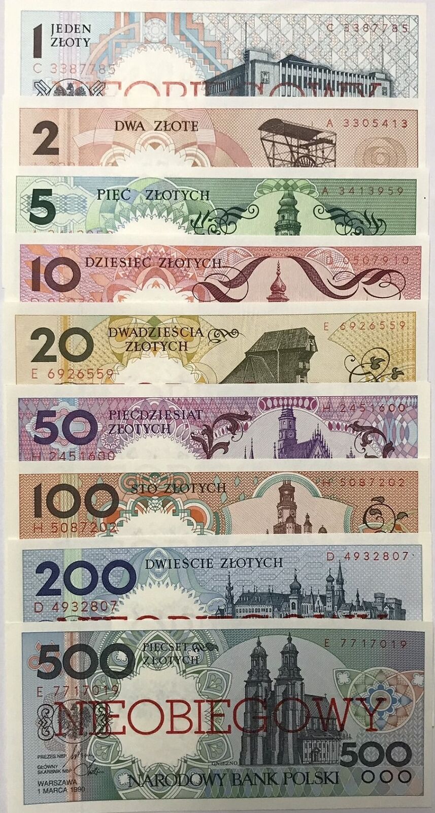 Poland Set 9 Pcs 1 2 5 10 20 50 100 200 500 Zlotlych 1990 Cancel P 164a-172a UNC