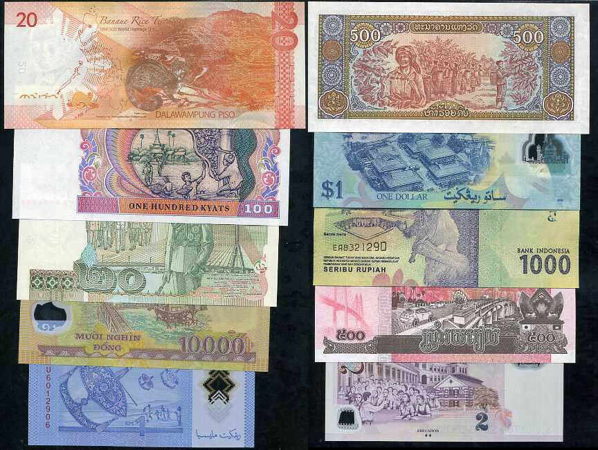 SOUTHEAST ASIA SET 10 UNC BRUNEI CAMBODIA INDONESIA LAOS SINGAPORE THAILAND ETC.