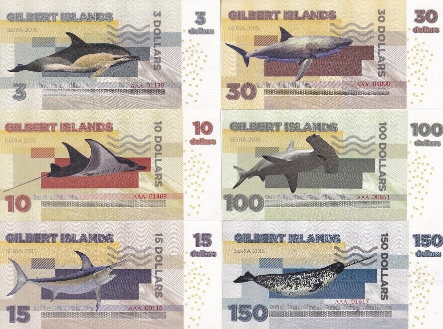Gilbert Islands Set 6 3 10 15 30 100 150 D 2015 Hammerhead Dolphin Fantasy