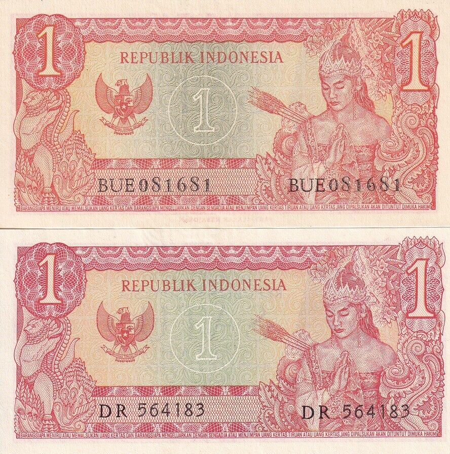 Indonesia SET 2 UNC 1 Rupiah 1964 Sukarno P 80 a and b W + W/O Printer name