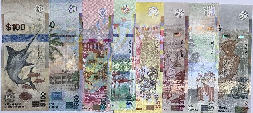 Bahamas Set 8 Pcs 1/2 1 3 5 10 20 50 100 Dollar 2016- 2021 P WA77 - P W82 UNC