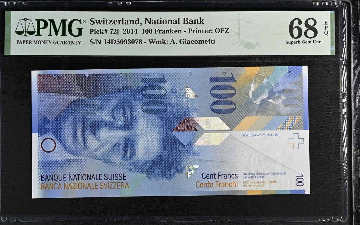 Switzerland 100 Franken 2014 P 72 j Superb GEM UNC PMG 68 EPQ TOP POP