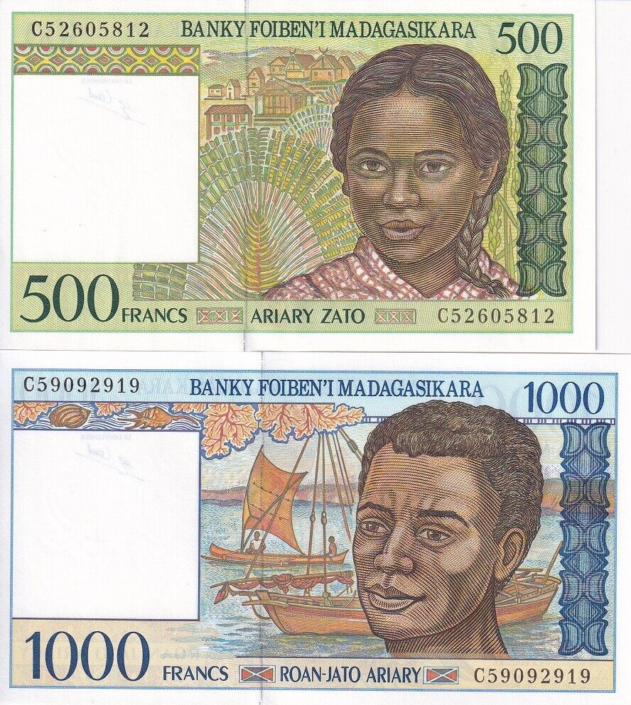 Madagascar Set 2 PCS 500 1000 Francs ND 1994 P 75 b P 76 b UNC