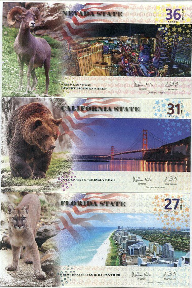 UNITED STATES SET 3 PCS 27 31 36 USA 2016 FANTASY FLORIDA NEVADA CA SPECIMEN