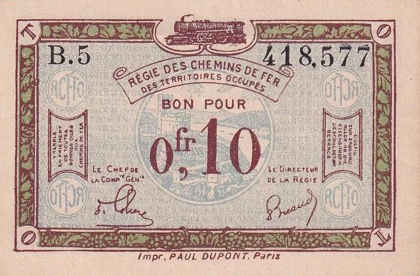 France 0.10 Franc Occupied German ND 1923 P R2 UNC Yellow Tone