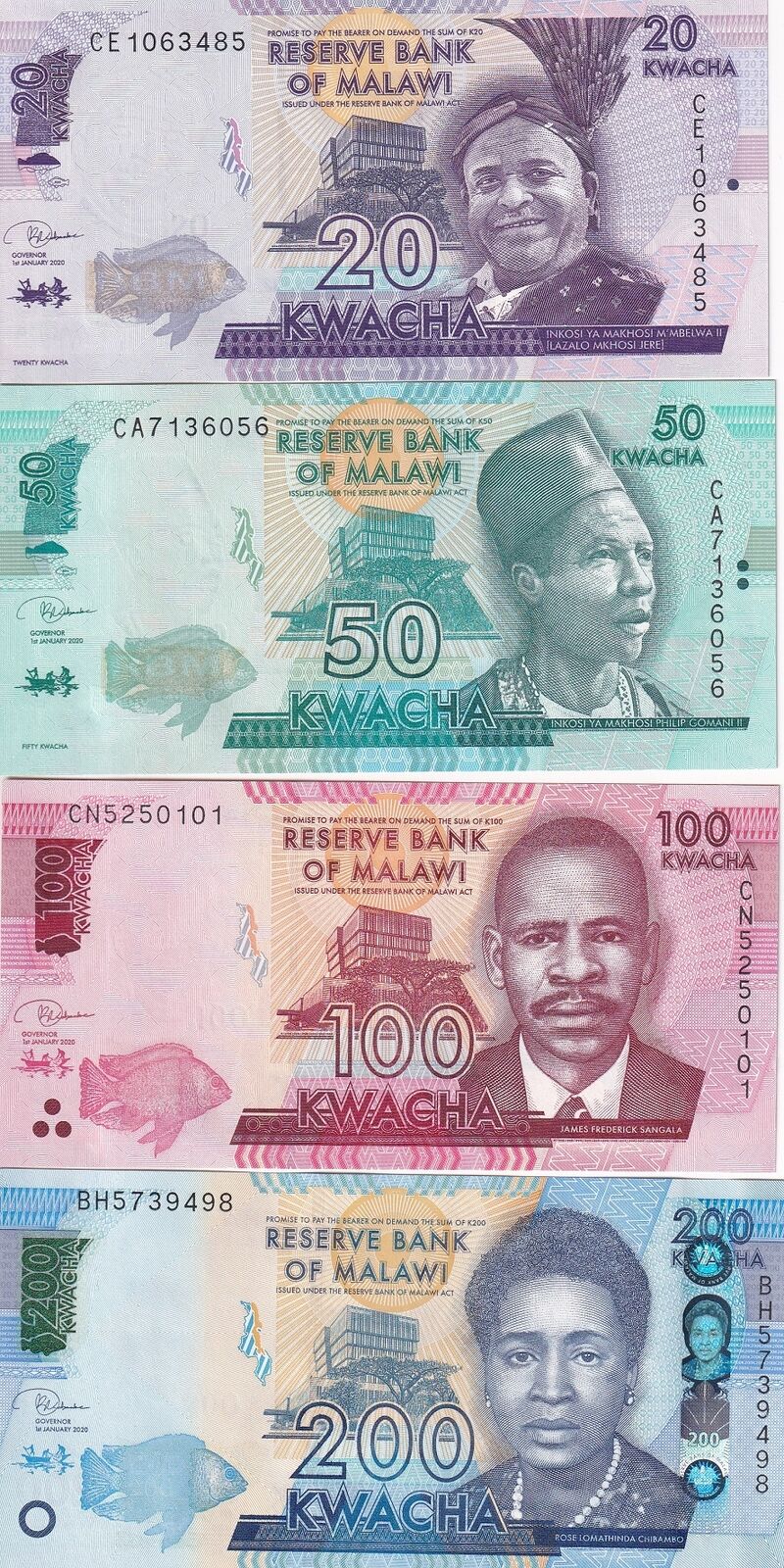 Malawi Set 4 Pcs 20 50 100 200 Kwacha Random Date P 60 P 63 P 64 P 65 UNC