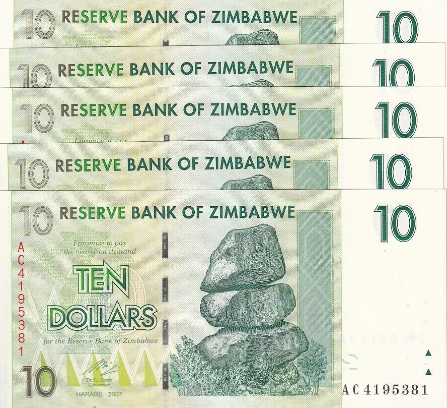 Zimbabwe 10 Dollars 2007 P 67 UNC LOT 5 PCS