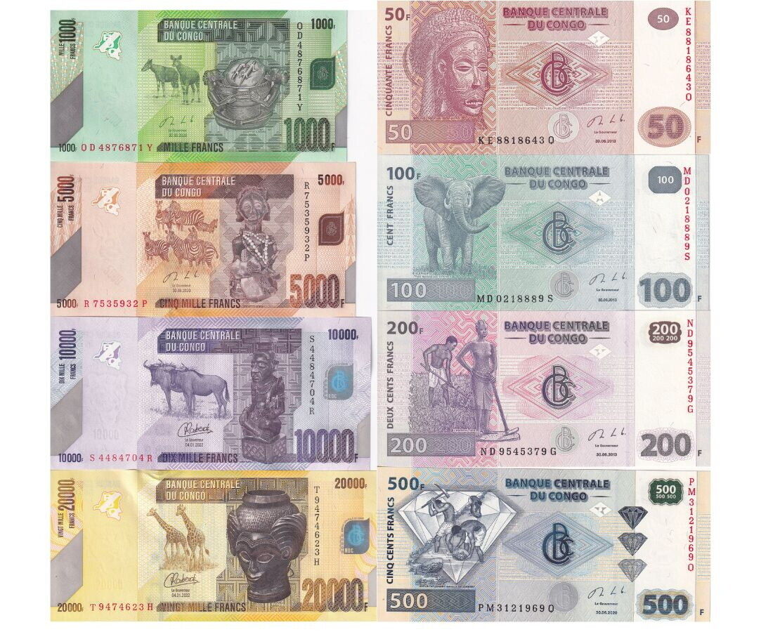 Congo Set 8 Pcs 50 100 200 500 - 10000 20000 FRANCS 2013-2022 P 96 - 104d UNC