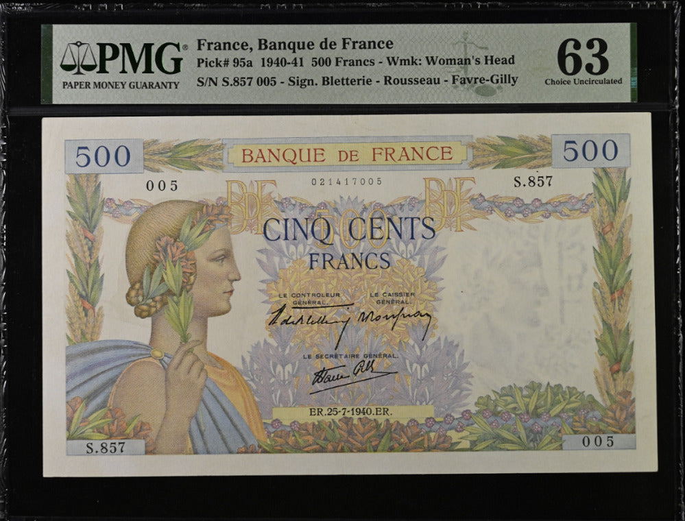 France 500 Francs 1940 P 95 a Choice UNC PMG 63