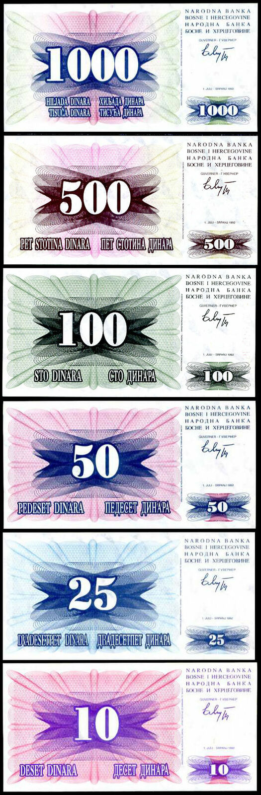 BOSNIA SET 6 PCS 10 25 50 100 500 1000 DINARA 1992 P 10 11 12 13 14 15 UNC