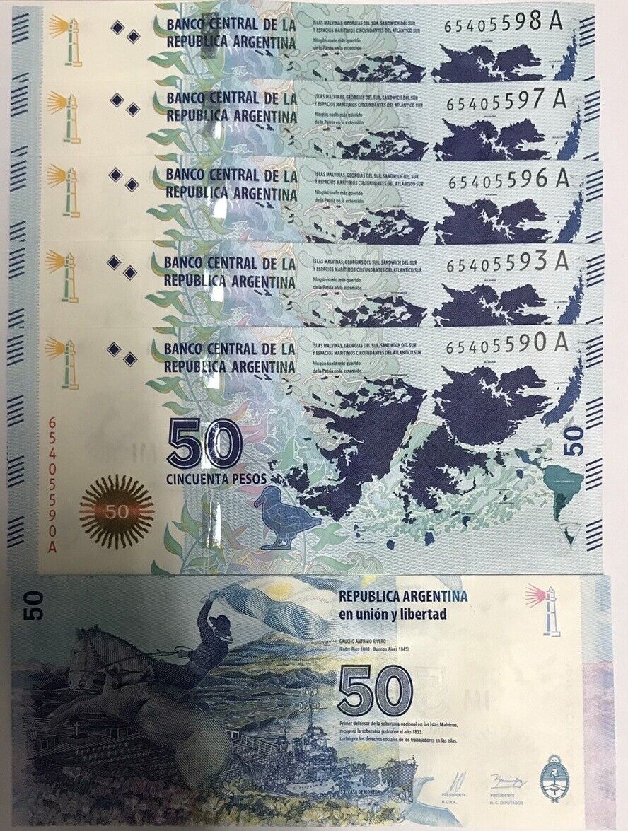 Argentina 50 Pesos 2015 SERIES A P 362 ISLAS MALVINAS UNC LOT 5 PCS