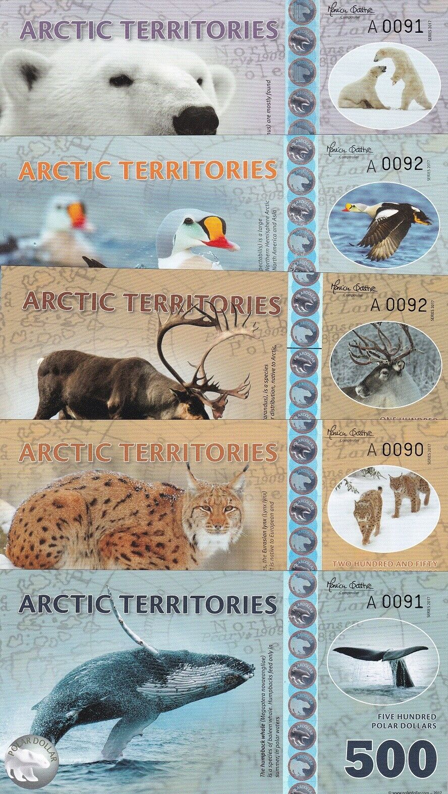 Arctic Territories SET 5 PCS 25 50 100 250 500 Dollars 2017 Fantasy Note