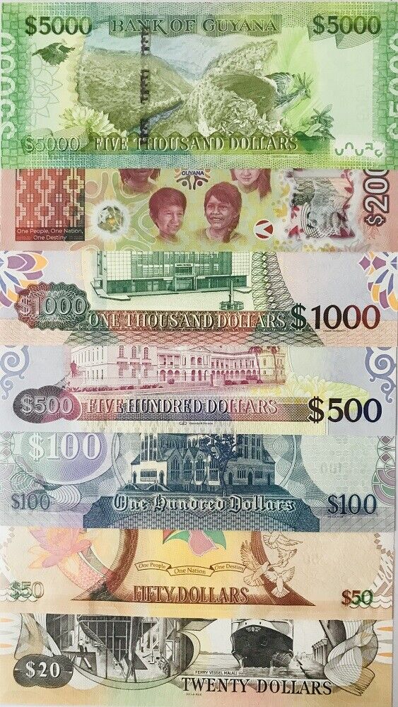 Guyana Set 7 Pcs 20 50 100 500 1000 2000 5000 Dollars 1996-2022 UNC