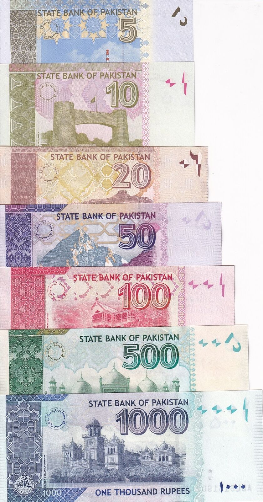 Pakistan Set 7 Pcs 5 10 20 50 100 500 1000 Rupees RANDOM DATE P 45 46 - P 53 UNC