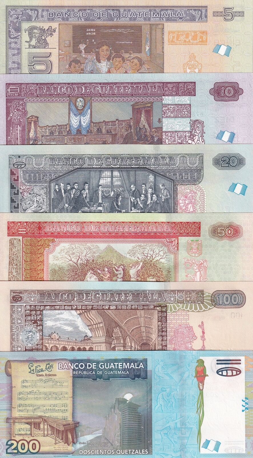 Guatemala Set 6 Pcs 5 10 20 50 100 200 Quetzales 2020-2021 P W122A - NEW UNC