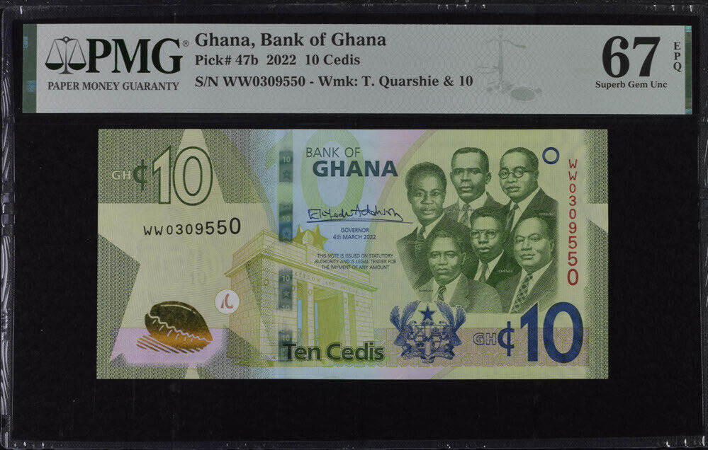 Ghana 10 Cedis 2022 P 47 b Superb Gem UNC PMG 67 EPQ