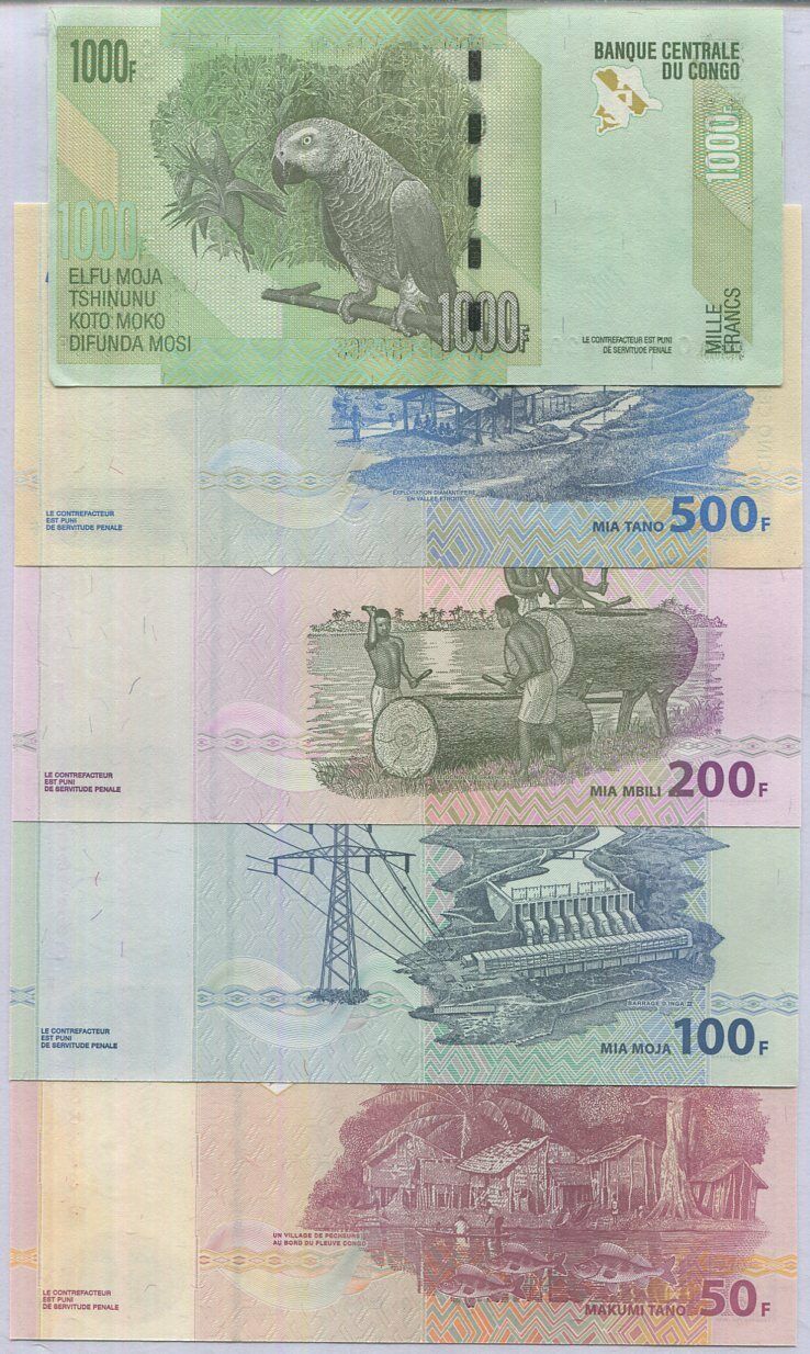 CONGO SET 5 PCS 50 100 200 500 1000 FRANCS Random P 96 97 98 99 101 UNC