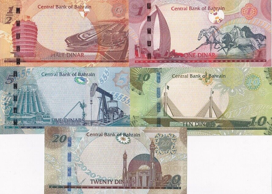 Bahrain Set 5 PCS 1/2 1 5 10 20 Dinars 2023 P 30 31 32 33 P 34 UNC
