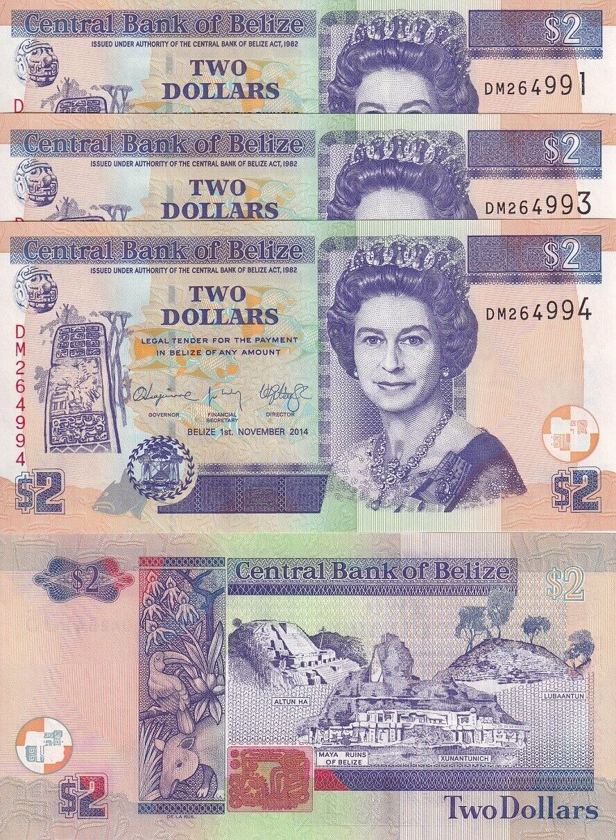 Belize 2 Dollars 2014 P 66 e UNC LOT 3 PCS
