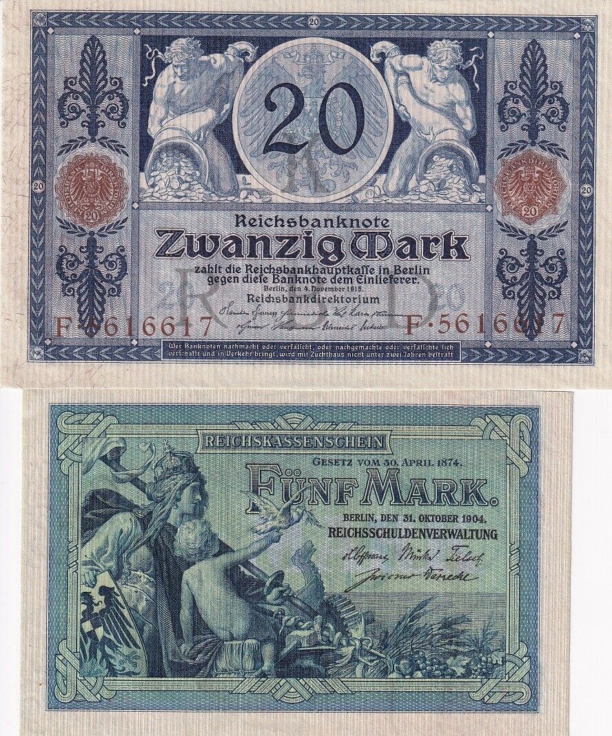Germany SET 2 PCS 5 20 Mark 1904 1915 P 8 b P 63 UNC