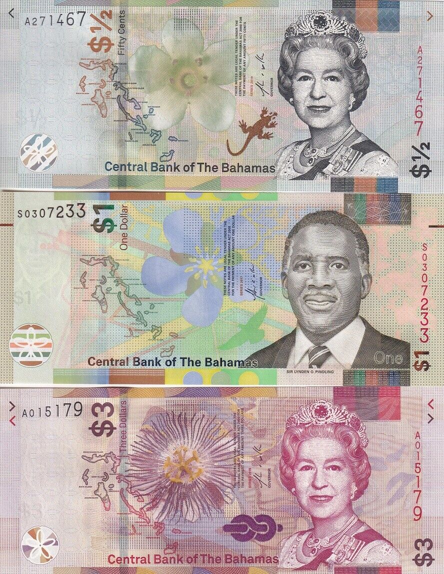 Bahamas Set 3 Pcs 1/2 1 3 Dollar 2019 P 76A P 77 P 78 UNC