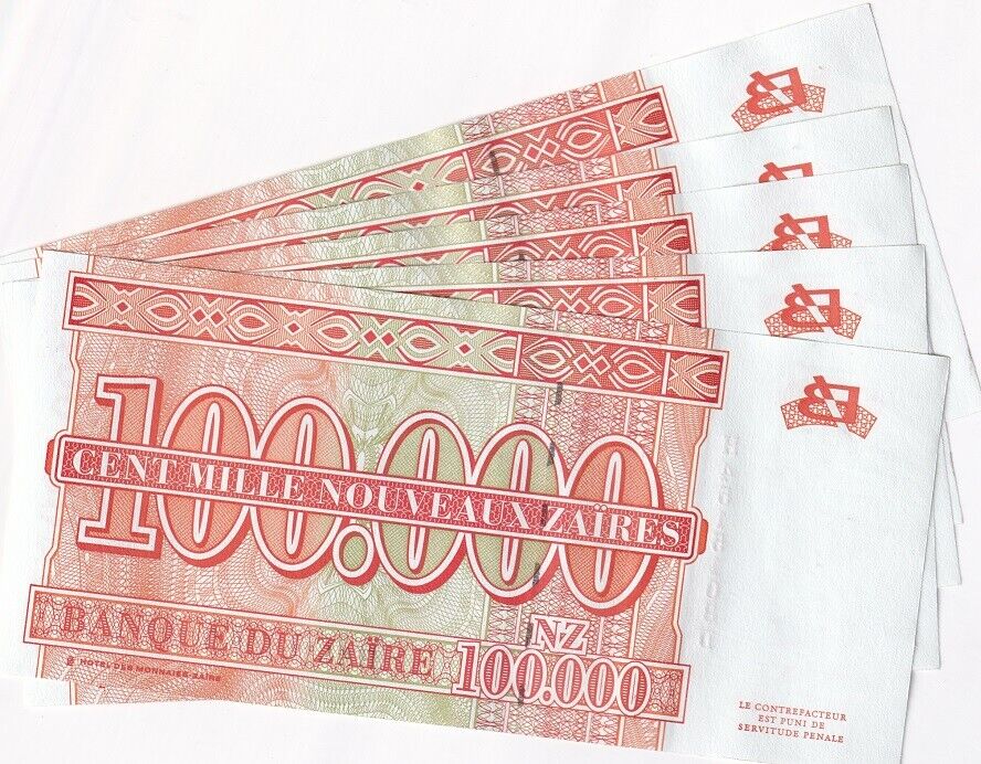 Zaire 100000 Nouveaux Zaires 1996 HDMZ P 77 UNC LOT 5 PCS