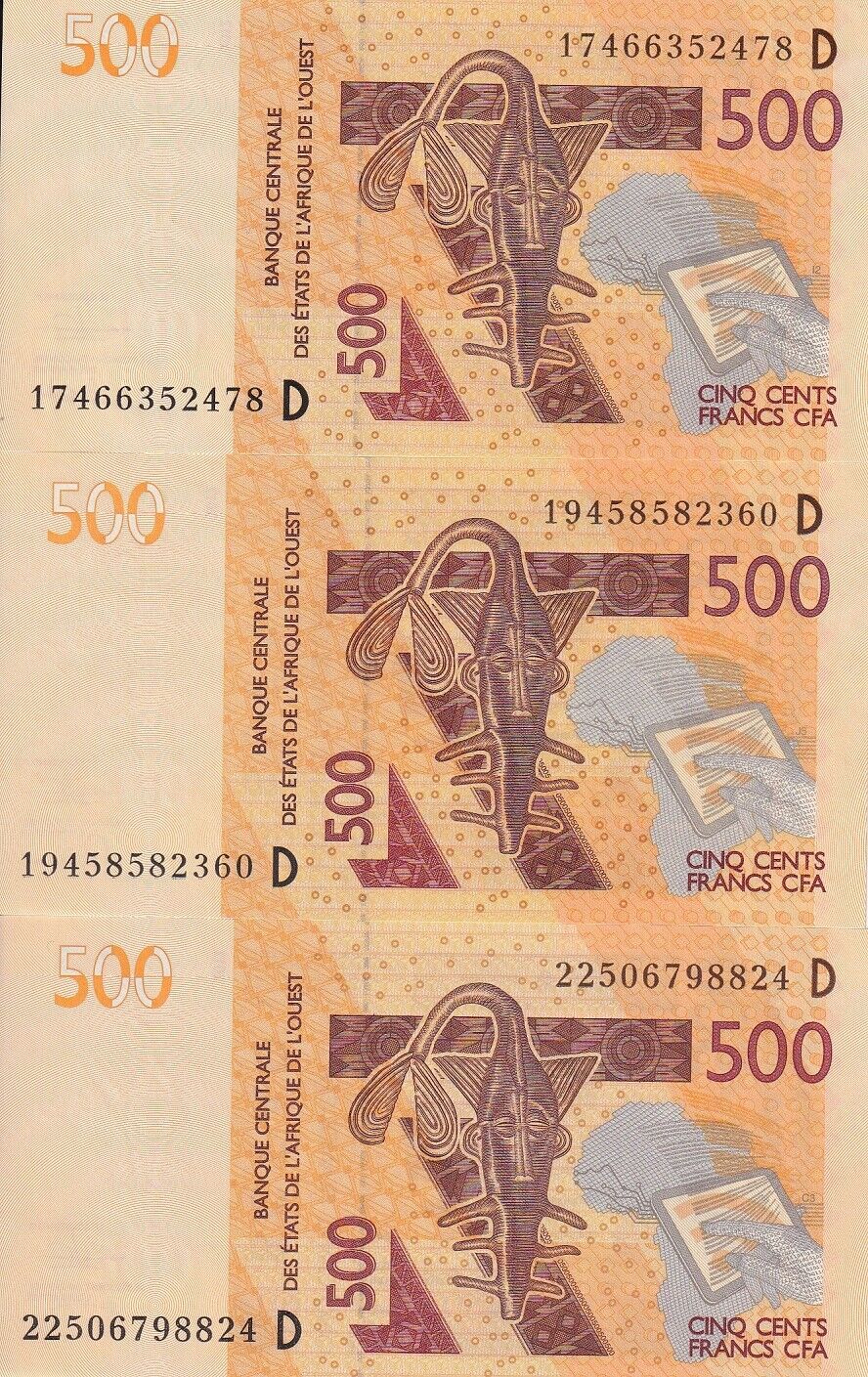 West African States Mali Set 3 Pcs 500 2017 2019 2022 P 419Df 419D UNC