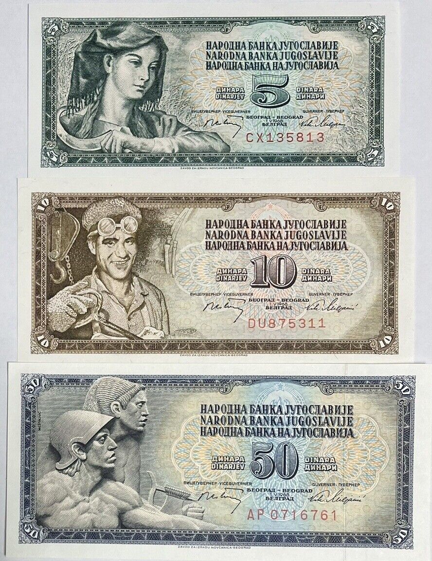 Yugoslavia Set 3 Pcs 5 10 50 DINARA 1968 P 81 P 82 P 83 UNC