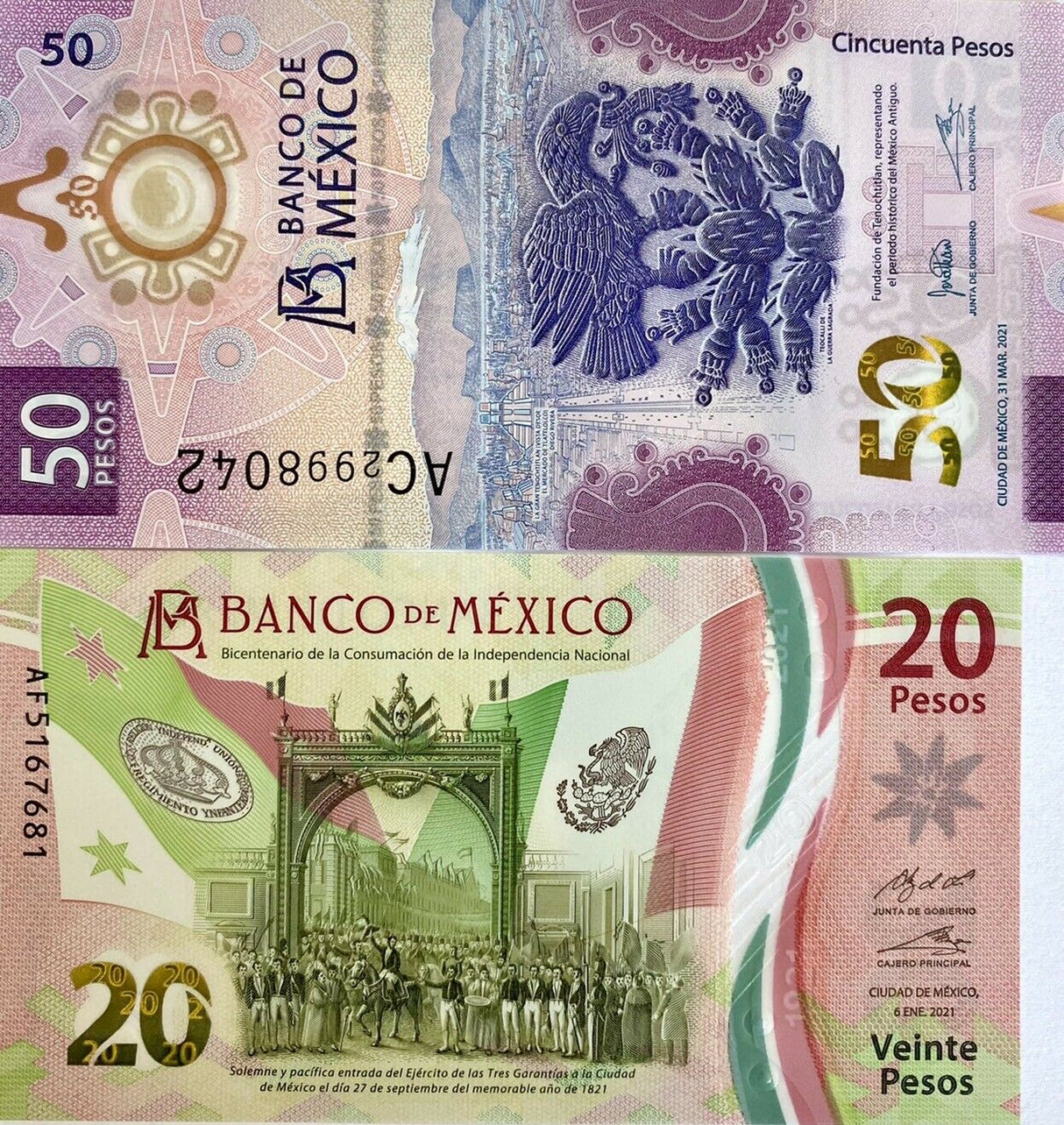 Mexico set 2 Pcs 20 50 Pesos 2021-2023 Polymer P 132 133 Mixed Date/Sign UNC