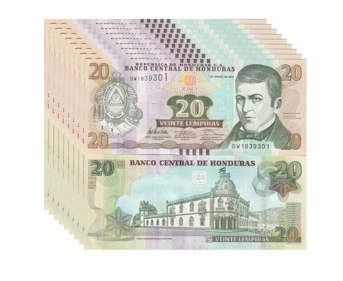 Honduras 20 Lempiras 2012 P 100 a UNC LOT 10 PCS