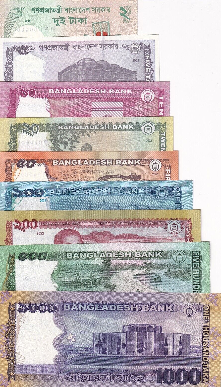 Bangladesh Set 9 Pcs 2 - 1000 Taka 2018-2023 P 52 54 55 57 58 59 64 67 P 68 UNC