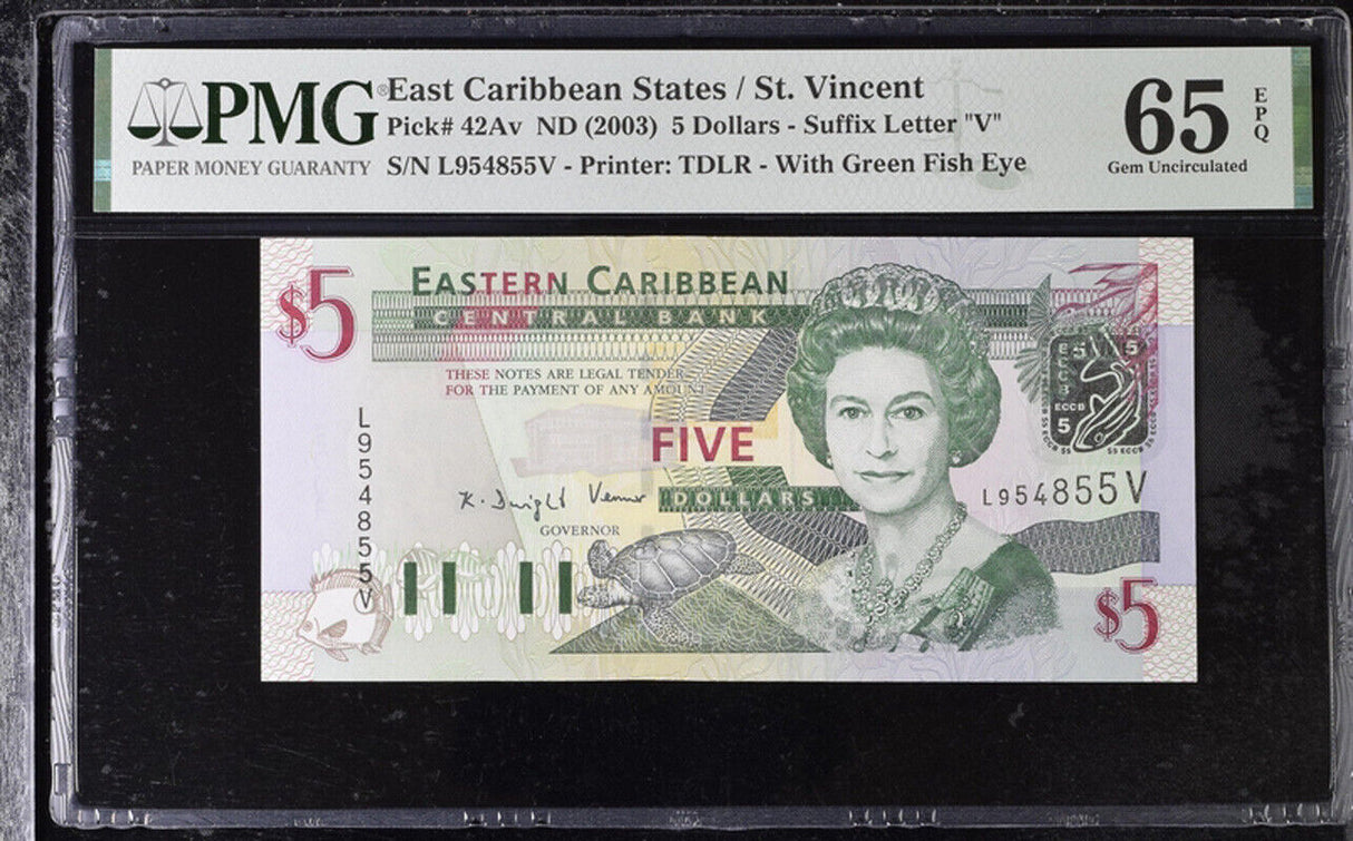 East Caribbean 5 Dollars ND 2003 P 42Av GREEN FISH EYE GEM UNC PMG 65 EPQ
