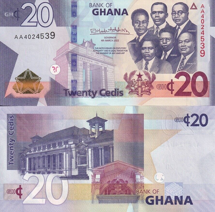 Ghana 20 Cedis 2022 P 48 AA PREFIX UNC
