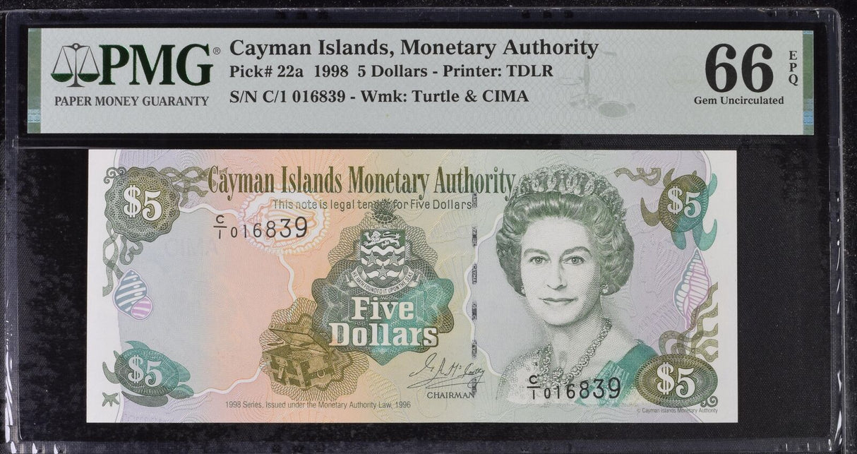 Cayman Islands 5 Dollars 1998 P 22 a Gem UNC PMG 66 EPQ