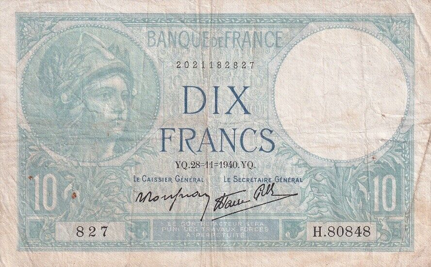 France 10 Francs 1940 P 84 Heavy Used Circulated