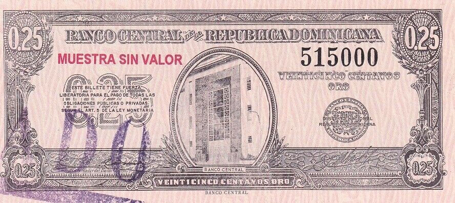 Dominican Republic 25 Centavos Oro ND 1961 P 88 UNC