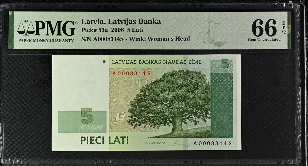 Latvia 5 Lati 2006 P 53 a Gem UNC PMG 66 EPQ
