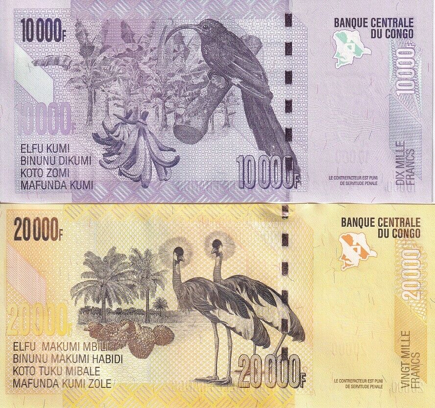 Congo SET 2 PCS 10000 20000 Francs 2022/2023 P 103 104 d NEW Sign UNC