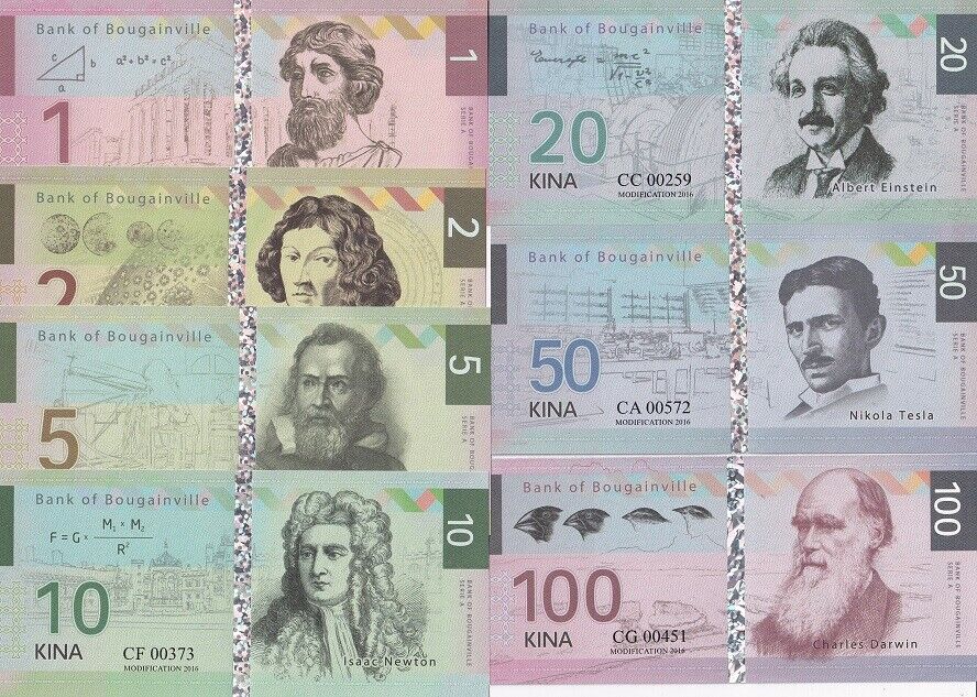 Bougainville Set 7 1-100 Kina 2016 Pythagoras Tesla Newton Einstein Fantasy