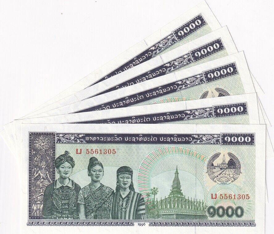 Laos 1000 Kip 1996 P 32 d UNC LOT 5 PCS