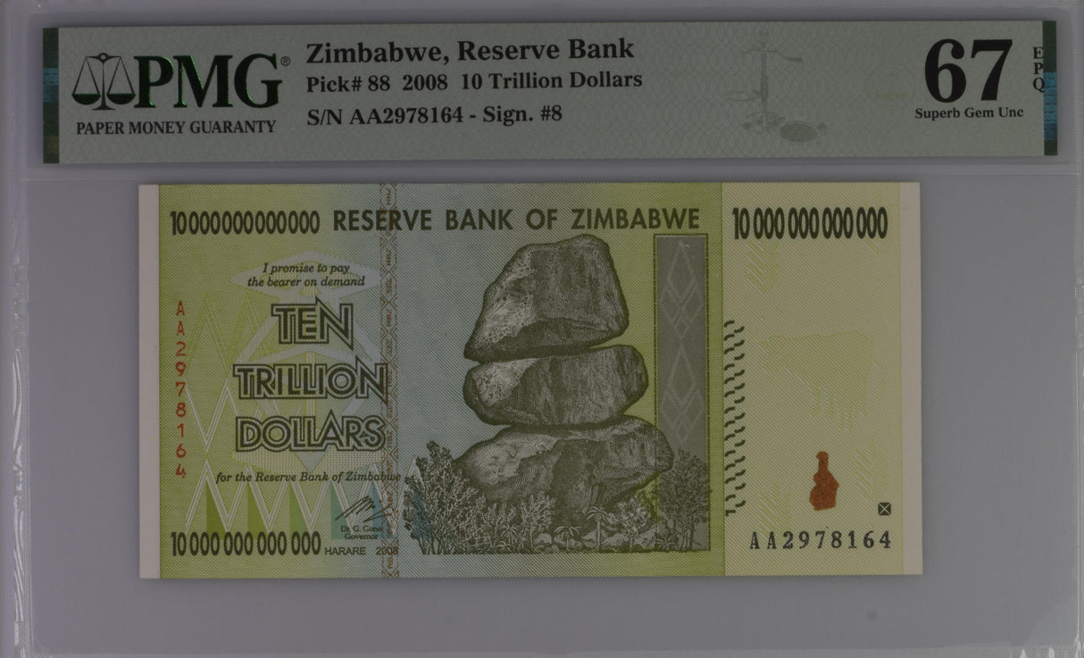 Zimbabwe 10 Trillion Dollars 2008 P 88 Superb Gem UNC PMG 67 EPQ