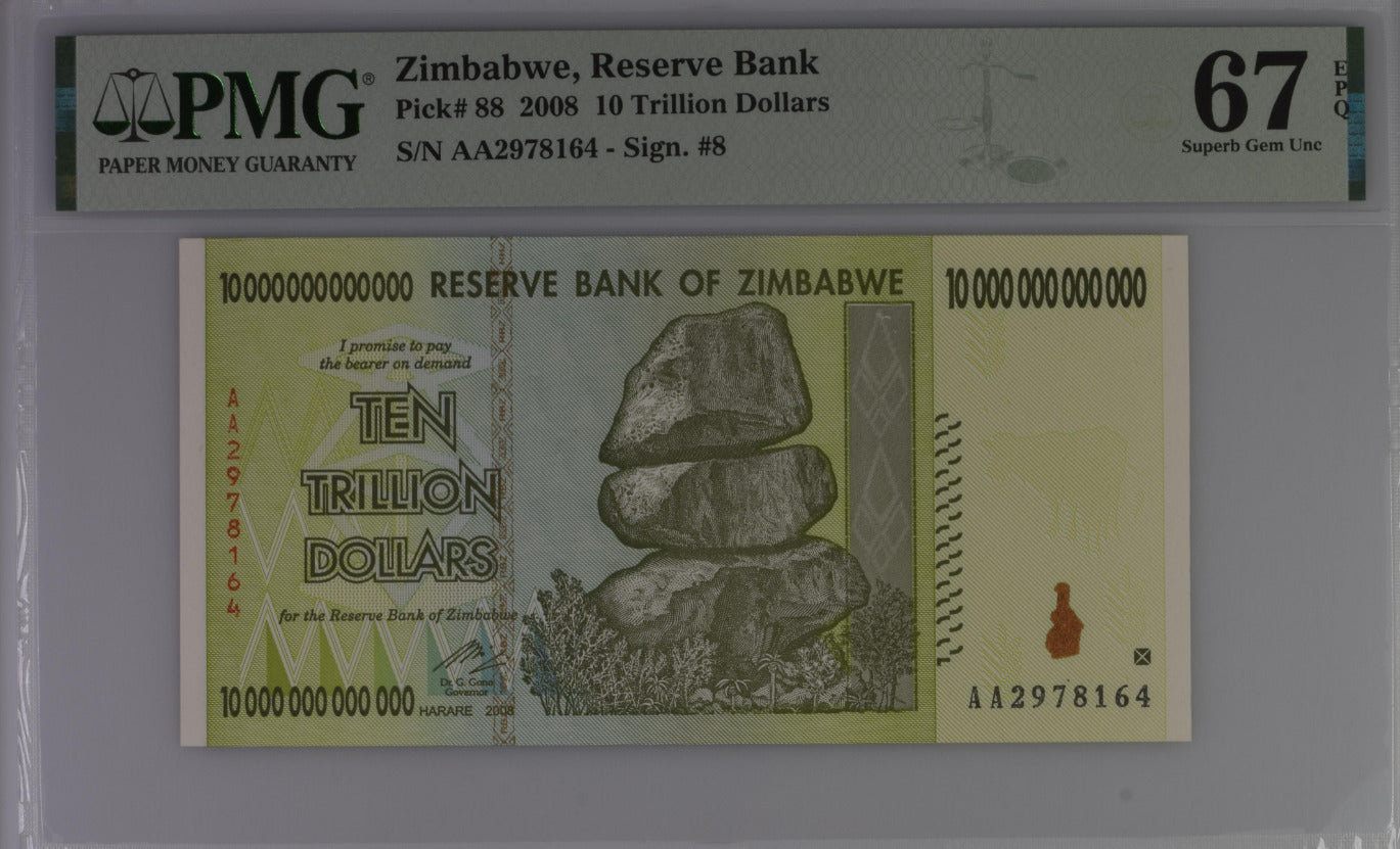 Zimbabwe 10 Trillion Dollars 2008 P 88 Superb Gem UNC PMG 67 EPQ