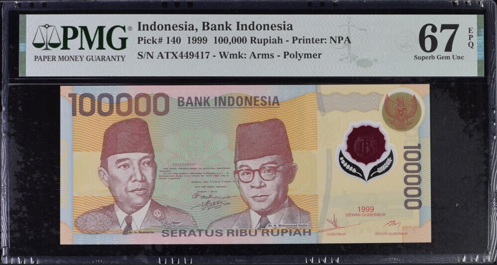 Indonesia 100000 Rupiah 1999 P 140 Polymer Superb Gem UNC PMG 67 EPQ