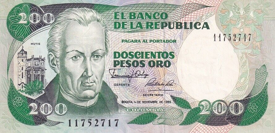 Colombia 200 Pesos Oro APRIL 1989 P 429 d AUNC