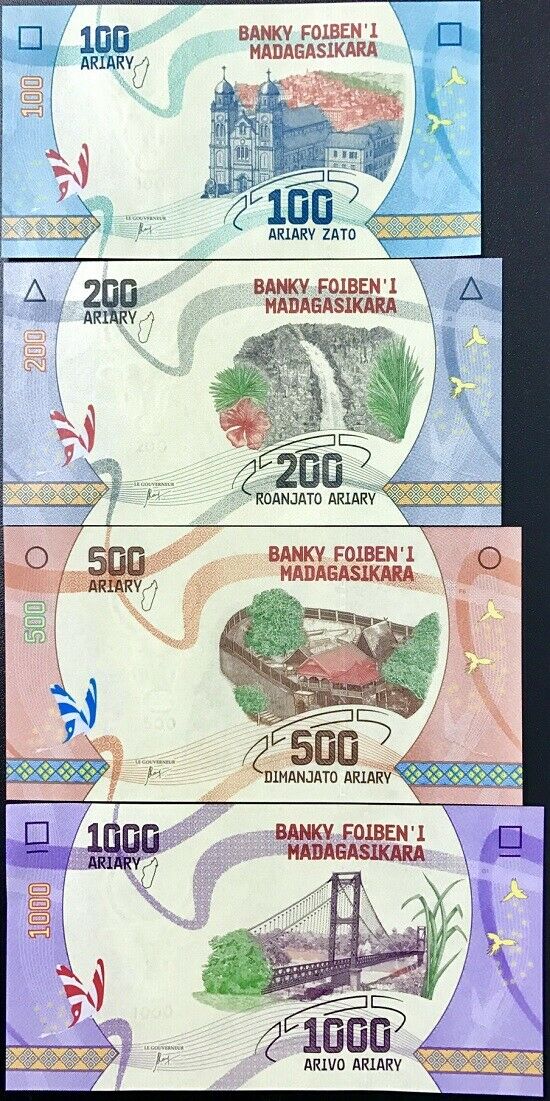 Madagascar Set 4 Pcs 100 200 500 1000 ARIARY 2017 P 97 98 99 100 UNC