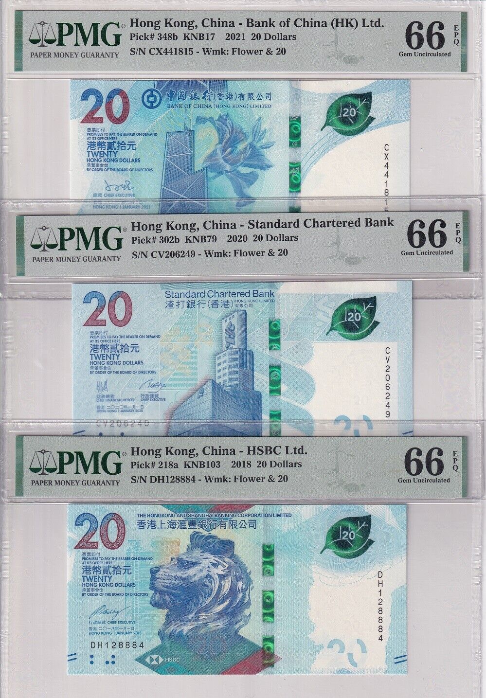 Hong Kong Set 3; 20 Dollars 2018-2021 P 218a P 302b P 348b Gem UNC PMG 66 EPQ
