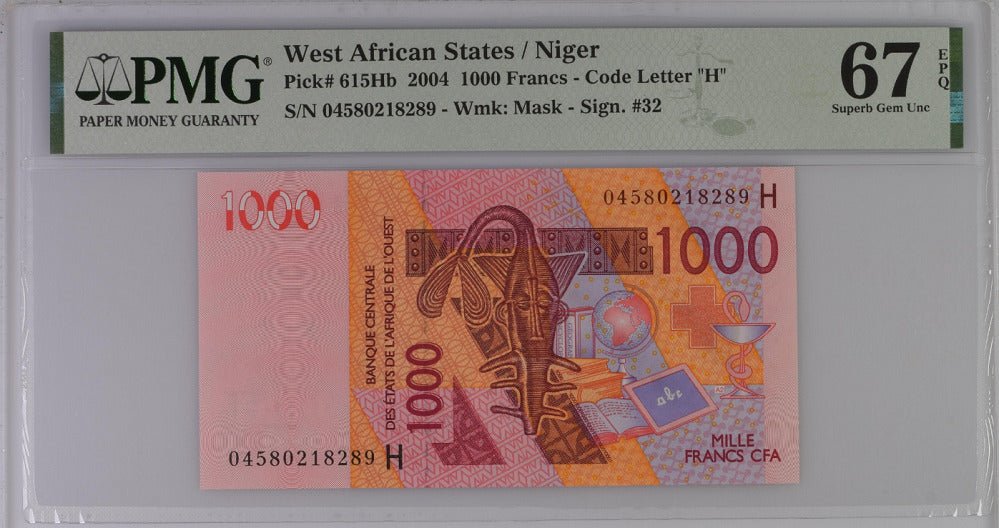 West African States Niger 1000 Francs 2004 P 615Hb Superb Gem UNC PMG 67 EPQ Top